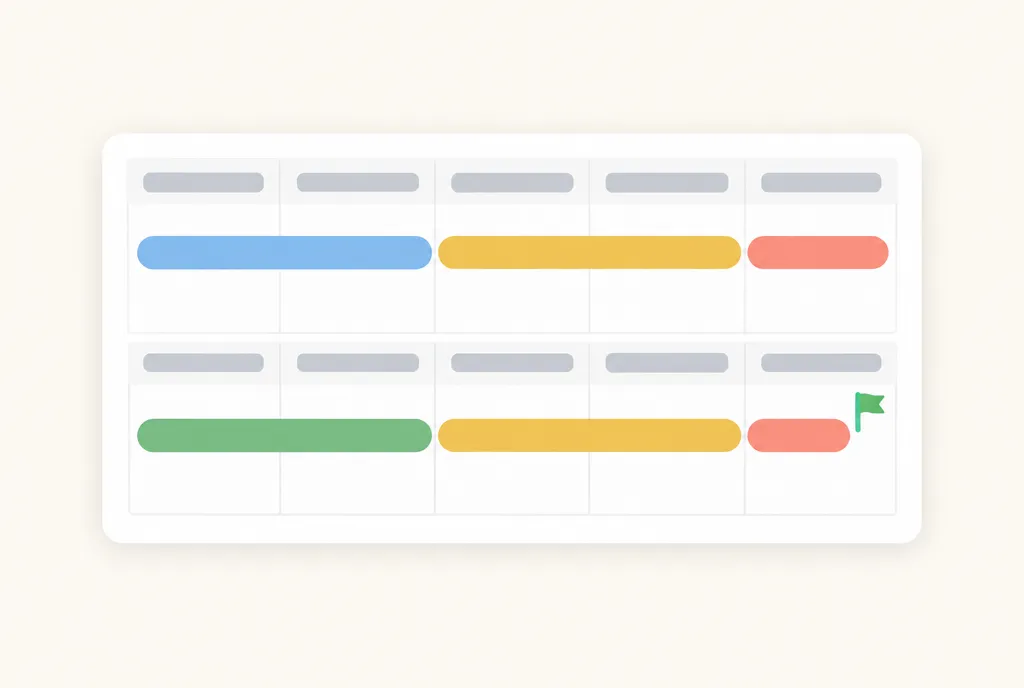 A two-week project calendar with coloured stages leading to a flag on the last day