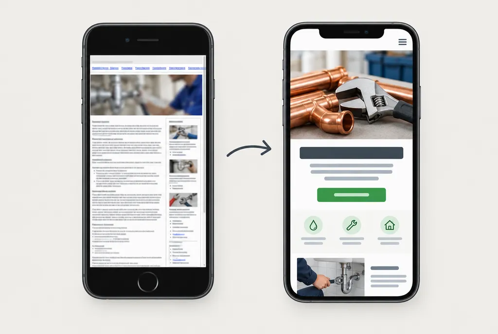Two phones showing a plumber's website: a cramped old version that doesn't fit the screen, and a clean redesigned one