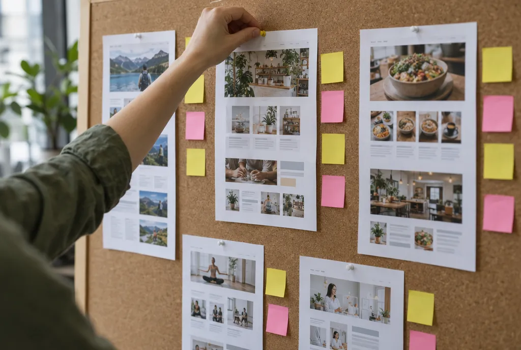 A hand pinning printed pages of other businesses' websites to a cork board, grouped with sticky notes